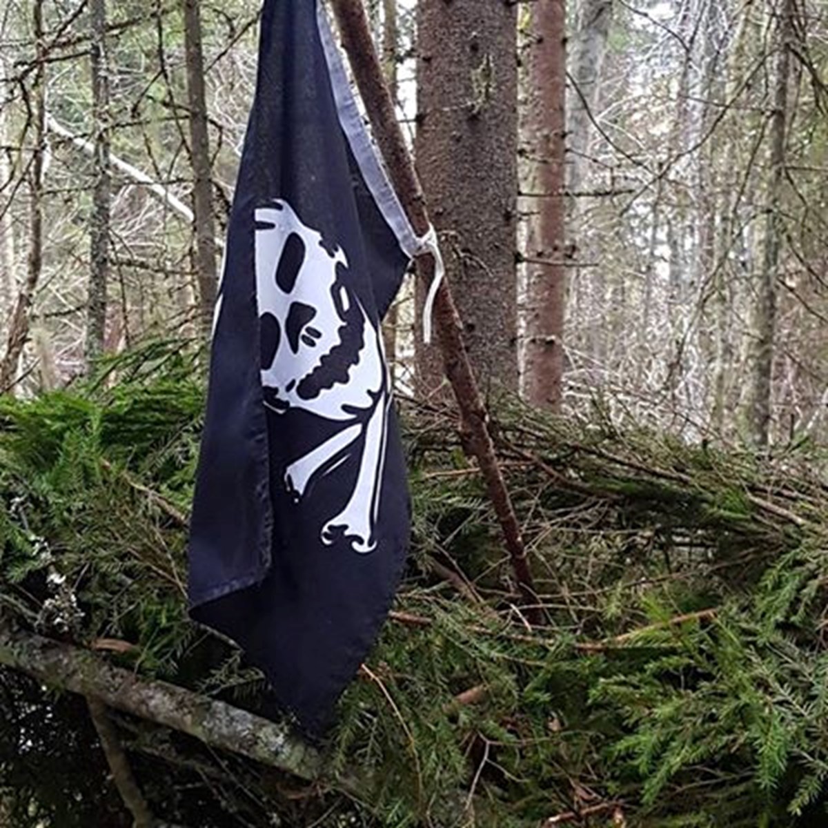 Skogspiratene må selvfølgelig ha med seg piratflagg på tur.