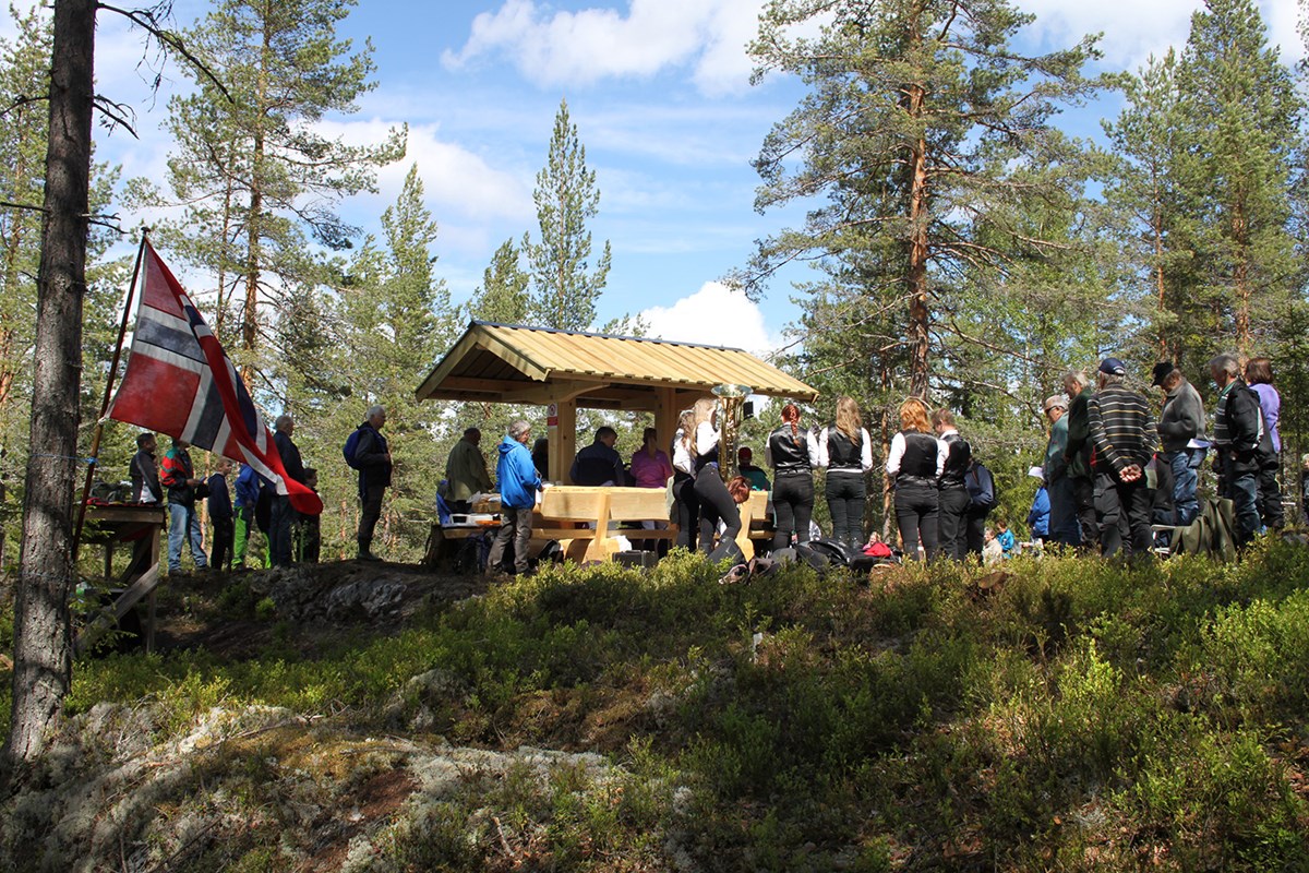 Bilde fra avdukingen av informasjonstavlene ved Greencellene i 2015.