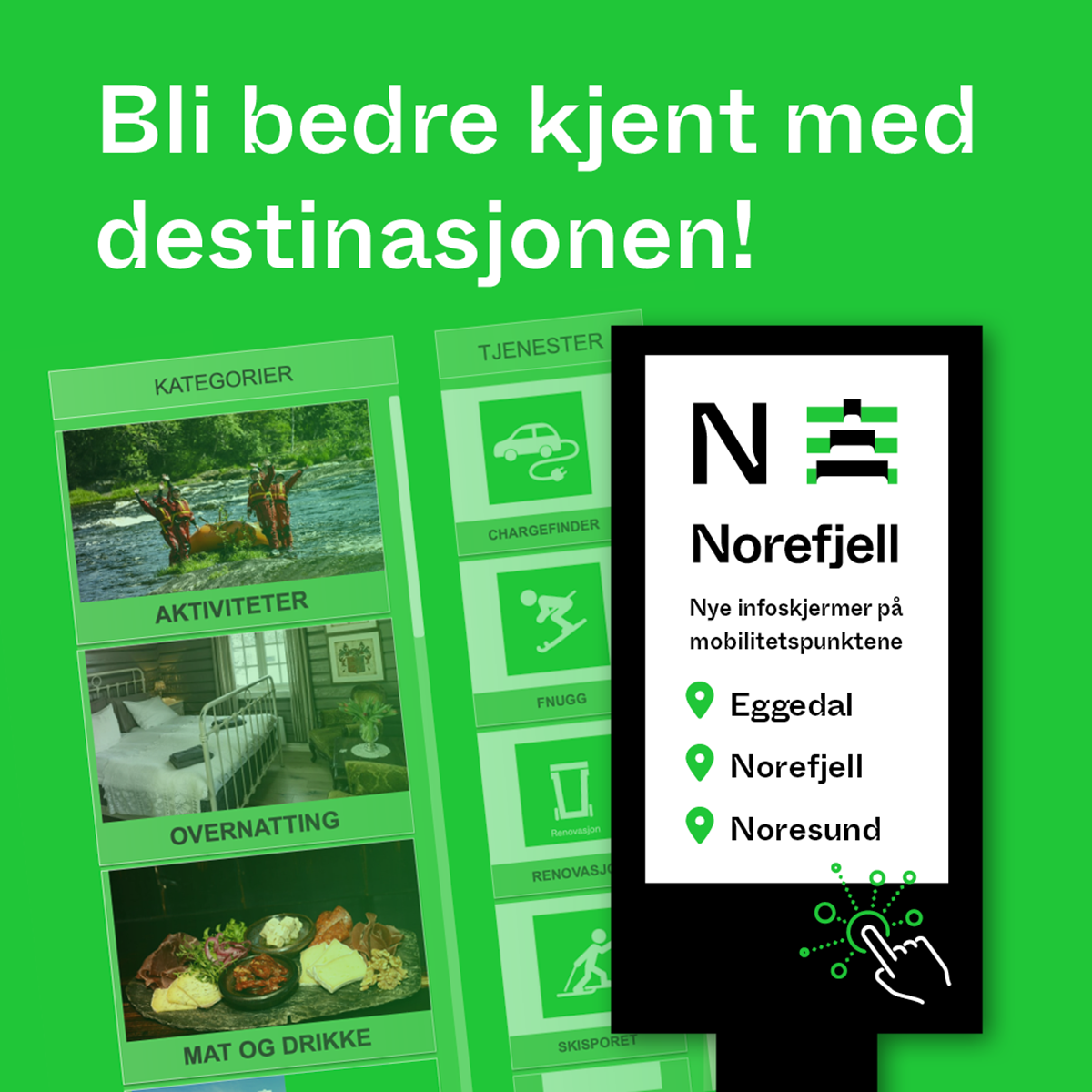 Bli bedre kjent: Det er montert tre fysiske informasjonsskjermer i henholdsvis Eggedal, Norefjell skisenter og Noresund. Her kan brukeren, gjennom touch screen på en 55 tommers skjerm, bli bedre kjent på destinasjonen. De tre skjermenes plassering representerer også tre viktige mobilitetspunkt for området.